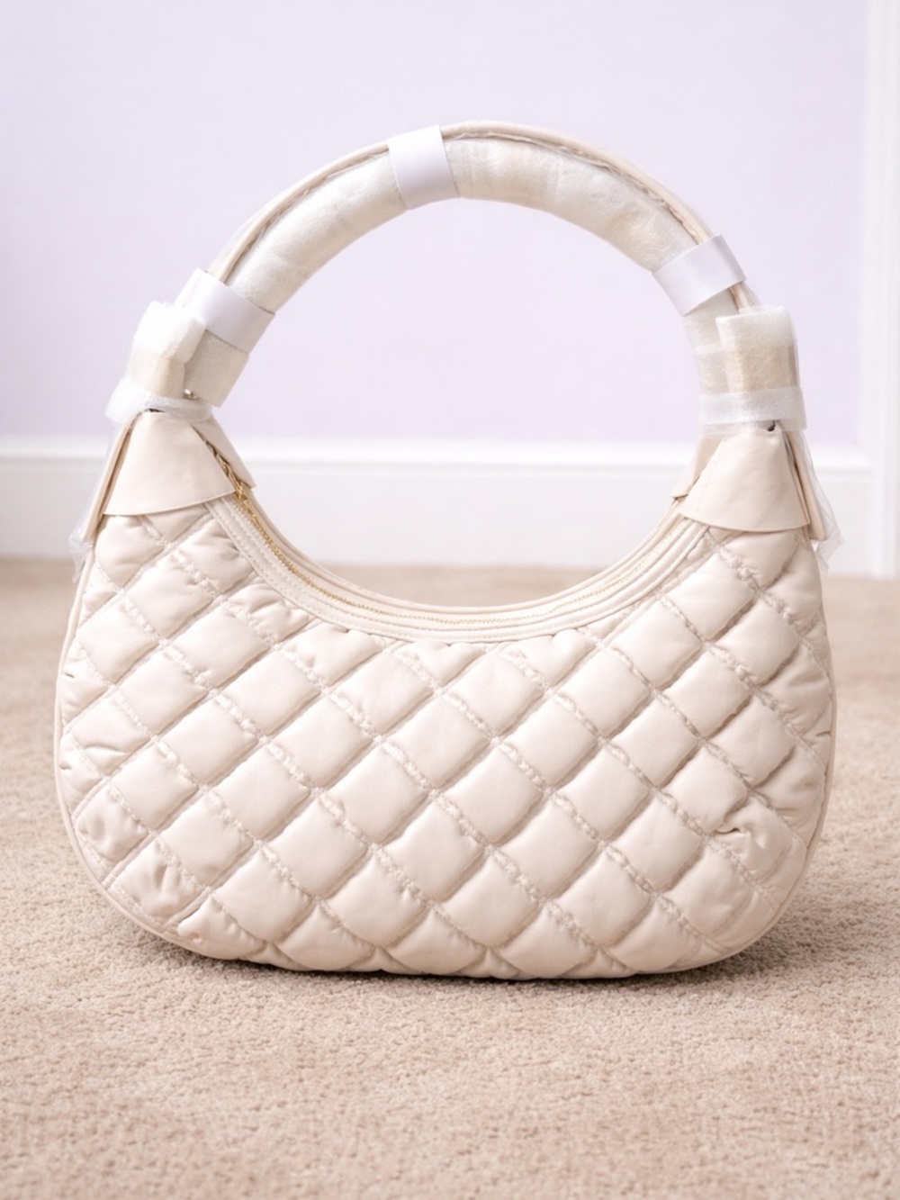 Quilted Cream Shoulder Bag - Women's Hobo Handbag